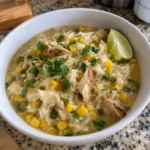 Creamy Corn and Jalapeño Brothy Rice in a white bowl