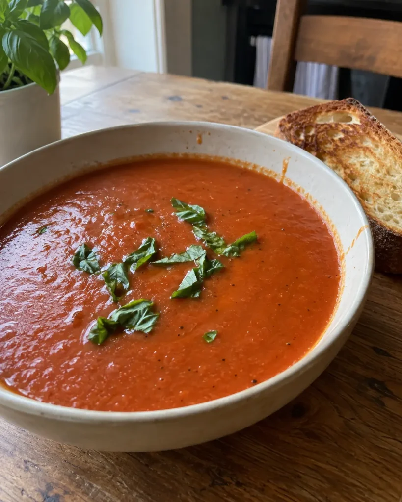 High Protein Tomato Soup with fresh basil and toasted sourdough