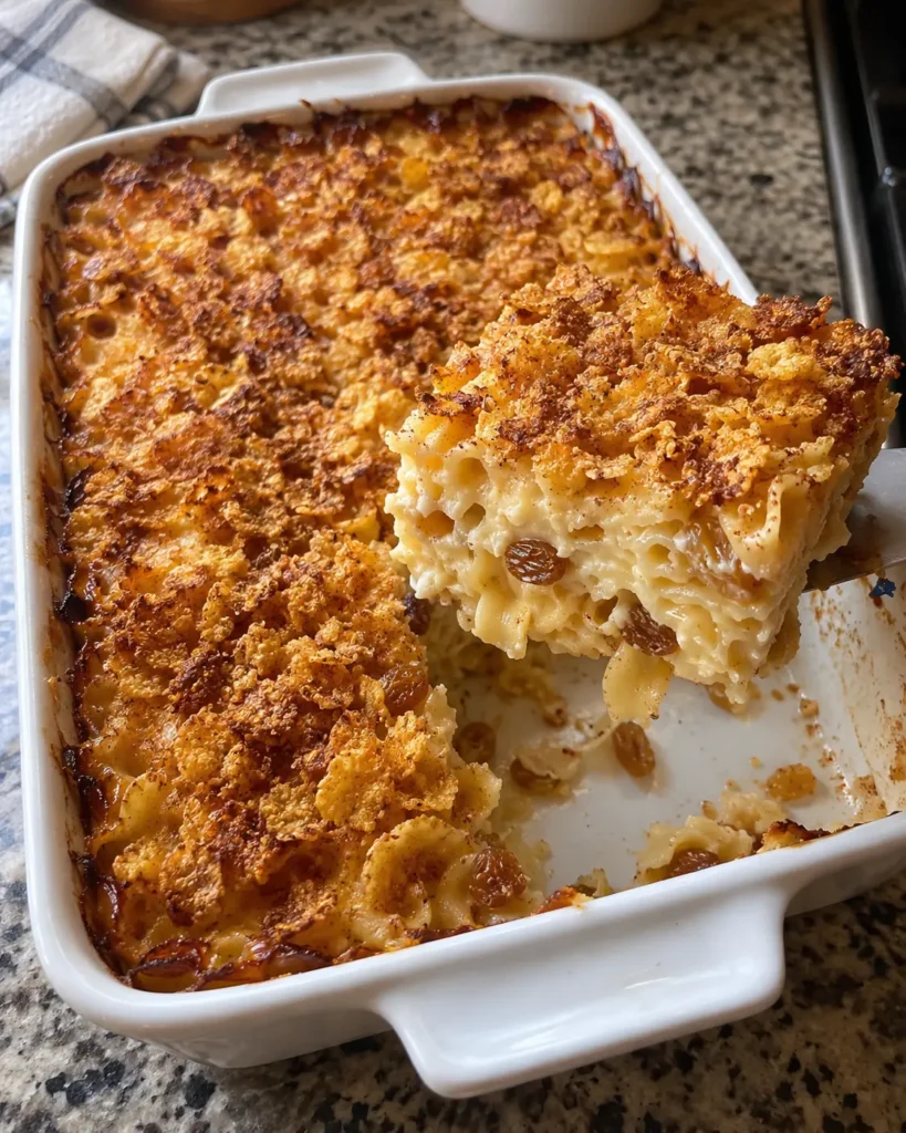 Noodle Kugel in a ceramic baking dish with creamy egg noodles, raisins, and cinnamon cornflake topping