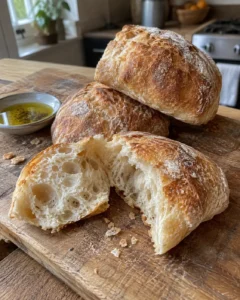 Crusty ciabatta bread rolls with golden crust and airy interior