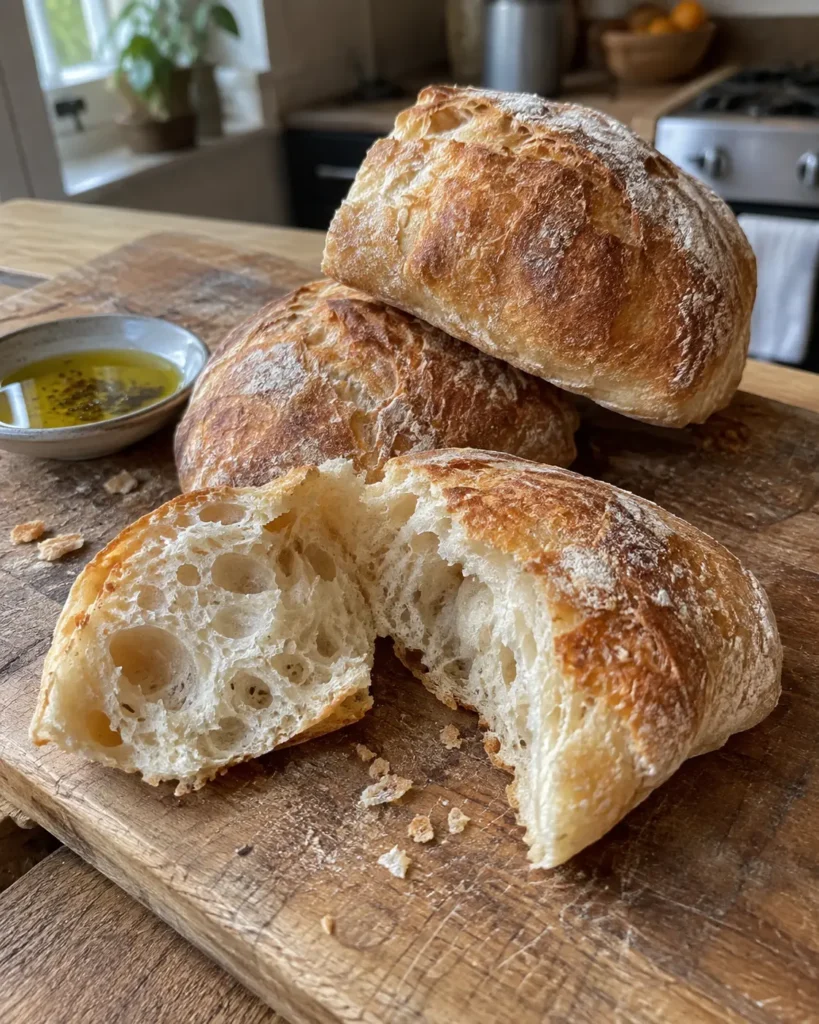 Crusty ciabatta bread rolls with golden crust and airy interior