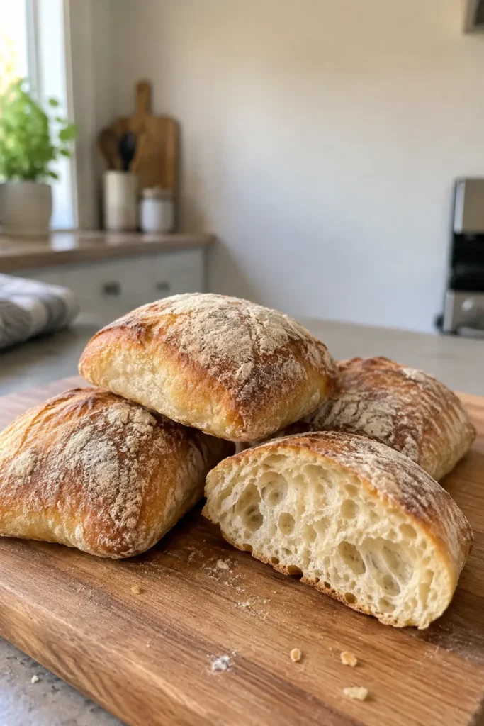 Crusty ciabatta bread rolls with soft open crumb
