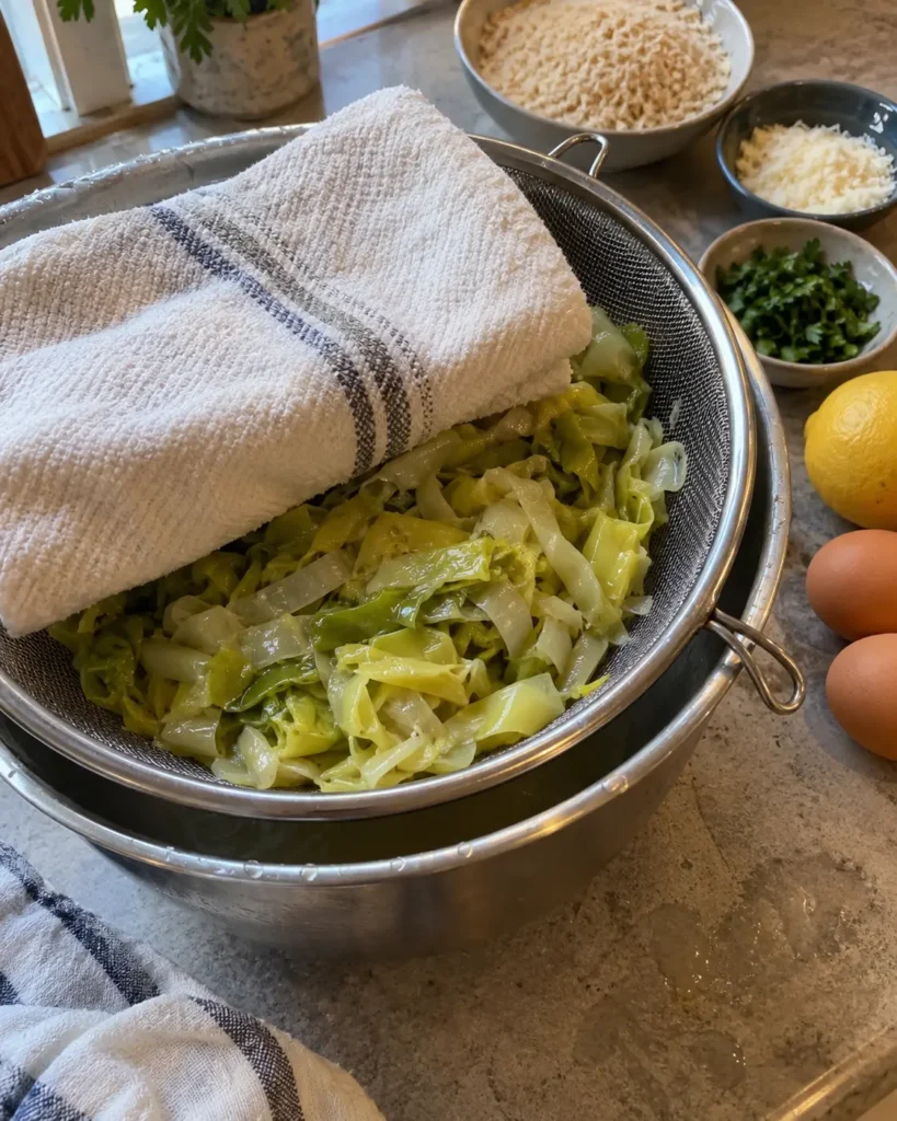 Draining cooked leeks for The Ultimate Leek Patties before mixing