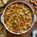 Overhead Baked Ranch Pickle Dip with chopped dill pickles and crispy topping