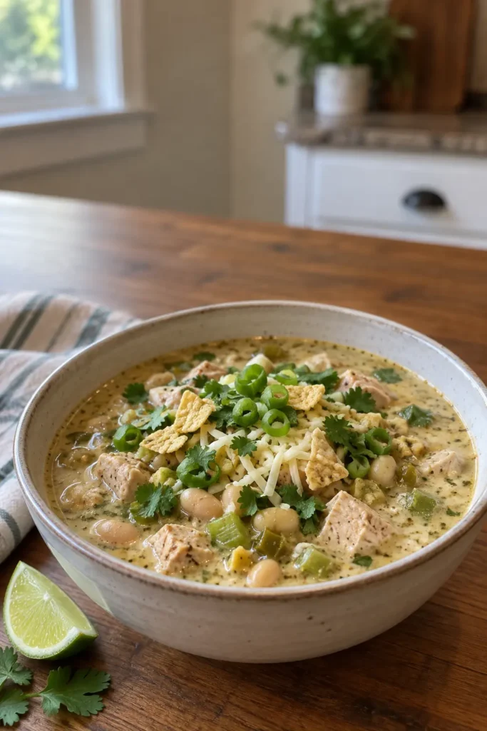 Cajun White Chicken Chili in a hearty bowl with tender chicken, cannellini beans, creamy broth, and lime.