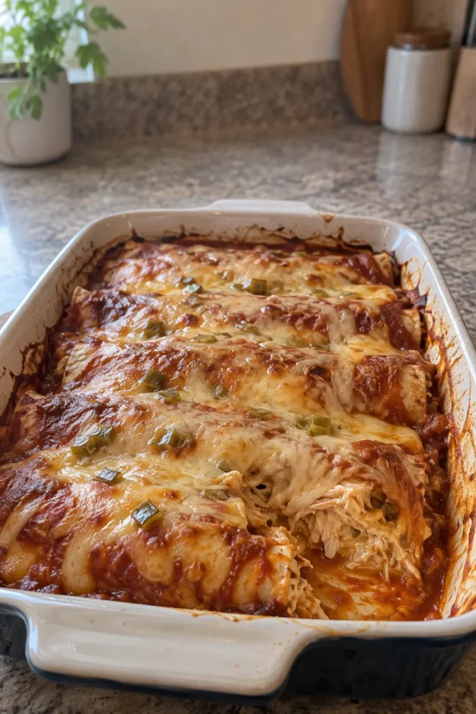 Easy Chicken and Cottage Cheese Enchiladas in a cheesy red sauce