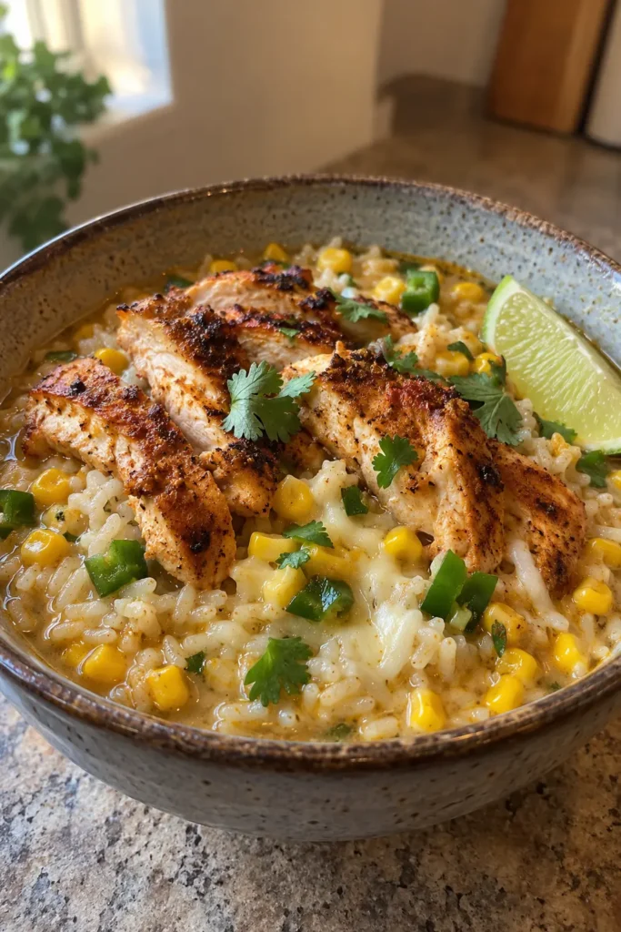 Corn and Jalapeño Brothy Rice with chicken and corn in a deep bowl