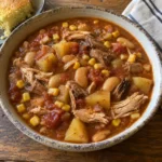 Bowl of Hearty Brunswick Stew with chicken, pulled pork, corn, butter beans, and potato chunks.