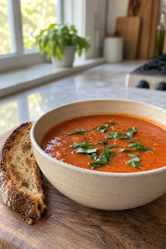 High Protein Tomato Soup served with toasted sourdough