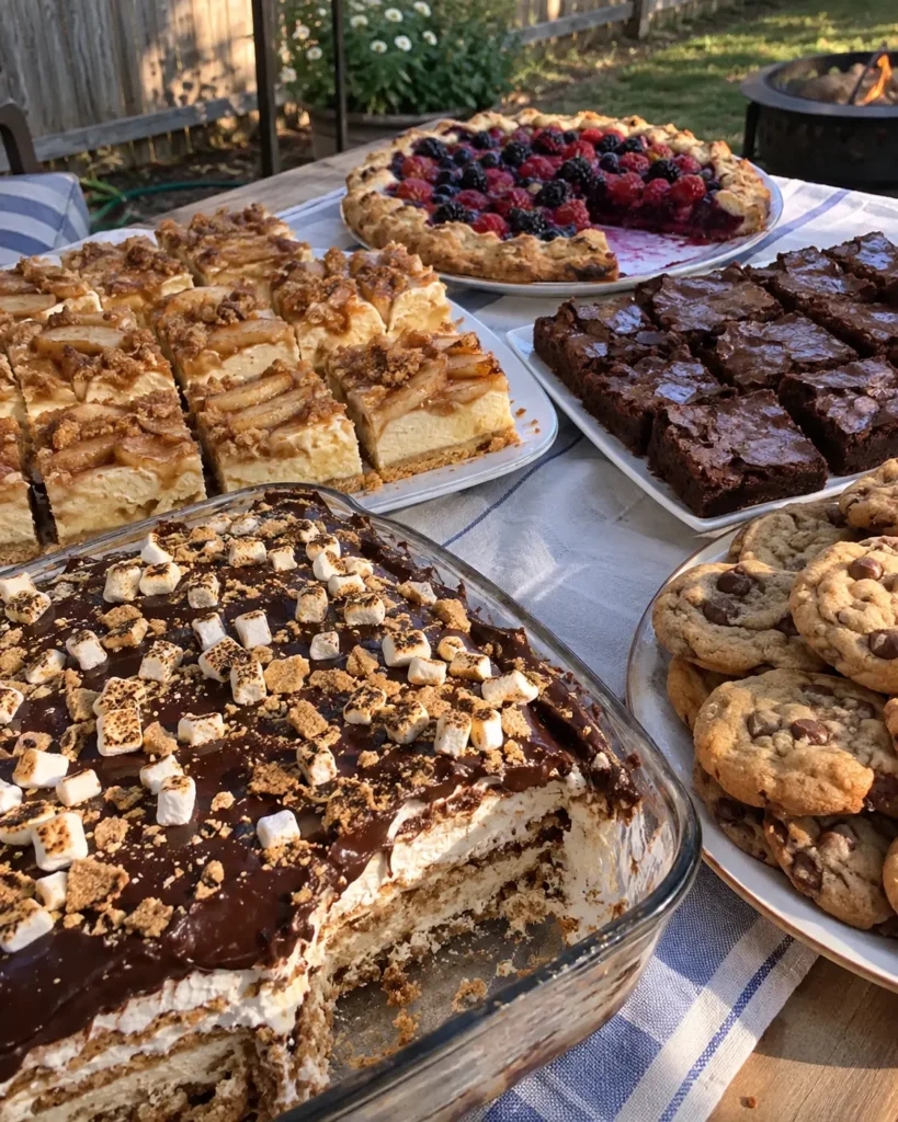 Easy Labor Day Desserts on a backyard table with bars, brownies, cookies, and berry tart