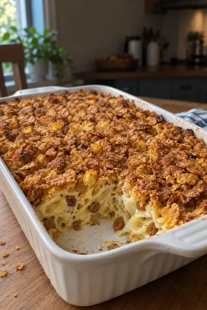 Noodle Kugel casserole with a removed square showing creamy egg noodles and raisins