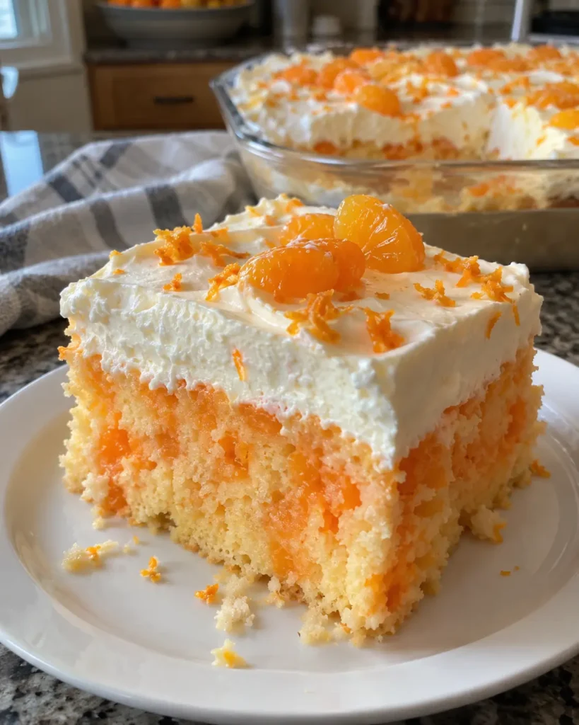 Orange Creamsicle Cake slice with vanilla pudding topping and mandarin oranges