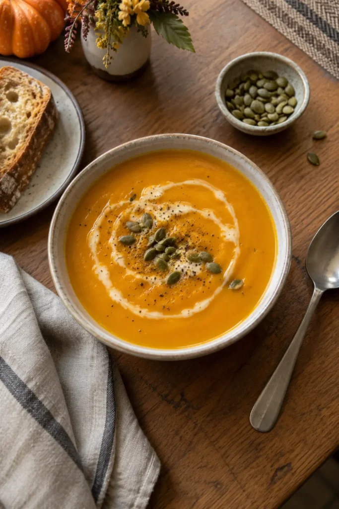 cozy bowl of roasted butternut squash soup styled for fall