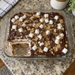 Overhead view of S'mores Icebox Cake in a glass baking dish with one square removed