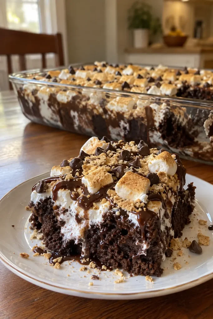 Vertical S’mores Poke Cake with chocolate cake and toasted marshmallow topping