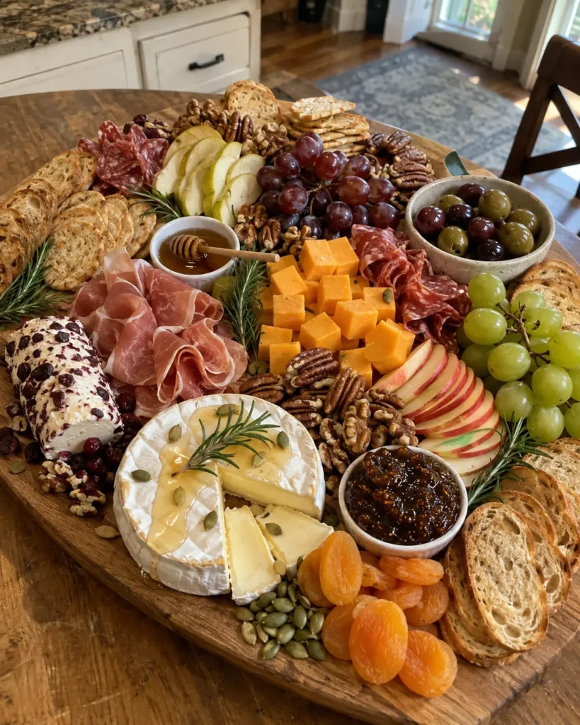 Fall Charcuterie Board with brie, cheddar, salami, apples, grapes, crackers, and rosemary