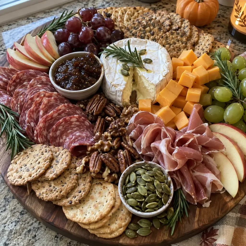 Fall Charcuterie Board arranged for a cozy Thanksgiving appetizer or fall party