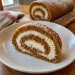 Single slice of Fall Pumpkin Roll with a creamy white filling swirl