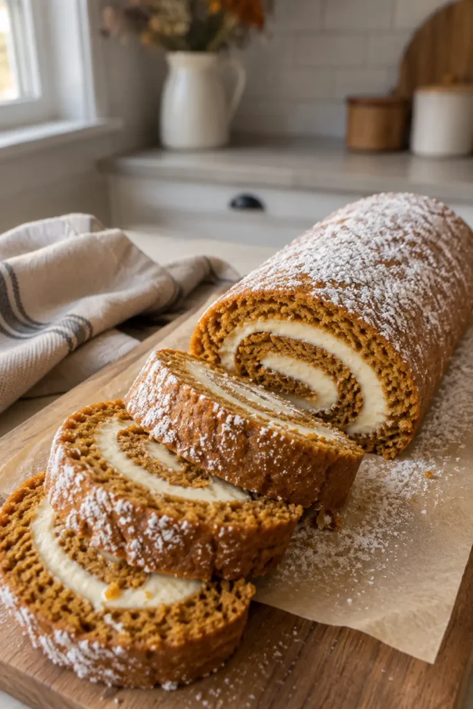 Fall Pumpkin Roll slices on a wooden board with cream cheese filling