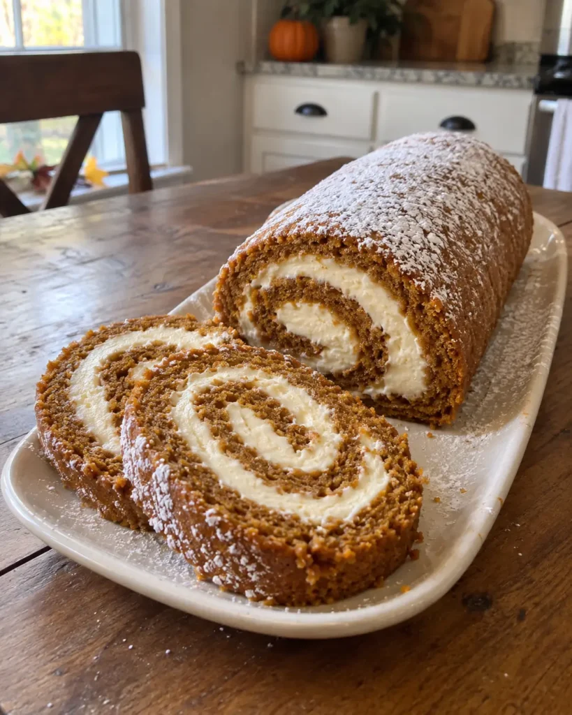 Sliced Fall Pumpkin Roll with cream cheese filling and powdered sugar