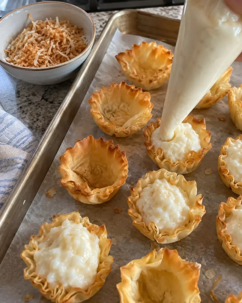 Piping coconut cream filling into mini phyllo shells for Mini Coconut Cream Pie Tarts