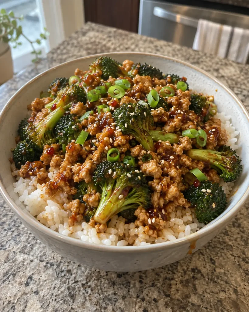 Firecracker Ground Chicken with broccoli over jasmine rice, topped with green onions and sesame seeds