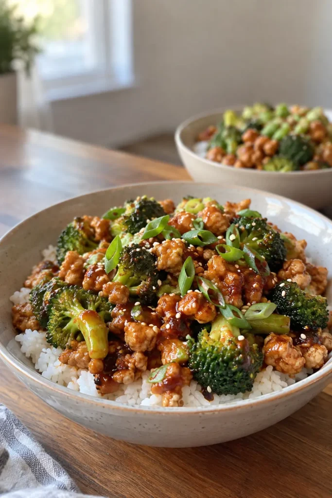 Vertical Firecracker Ground Chicken rice bowl with broccoli and sesame seeds