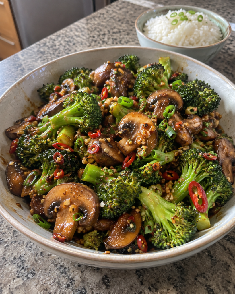 Garlic Chili Broccoli & Mushrooms Stir-Fry served with steamed rice