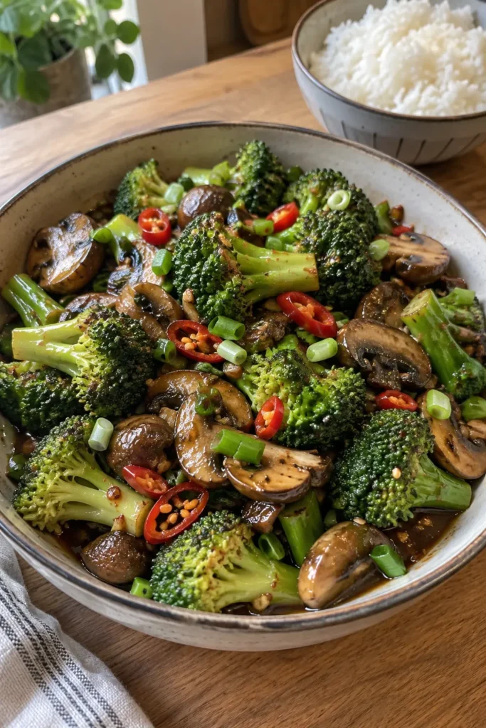 Vertical Garlic Chili Broccoli & Mushrooms Stir-Fry with rice