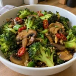 Close-up of Garlic Chili Broccoli & Mushrooms Stir-Fry in a bowl