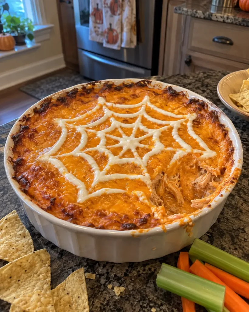 Halloween Buffalo Chicken Dip with melted cheddar and a sour-cream spiderweb in a round baking dish