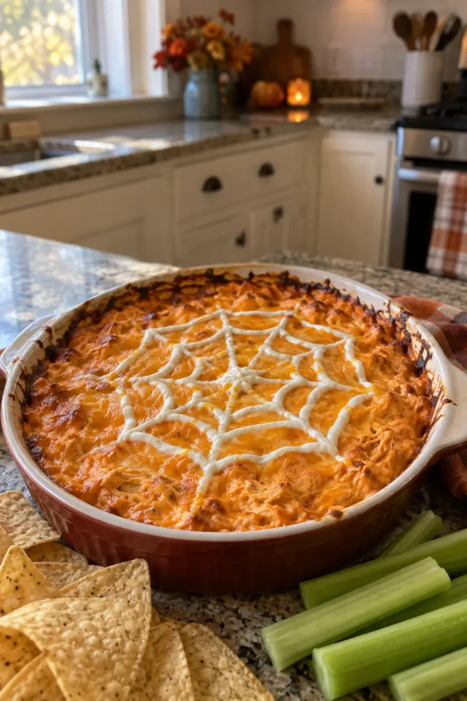Halloween Buffalo Chicken Dip with cheesy buffalo chicken and a white spiderweb topping