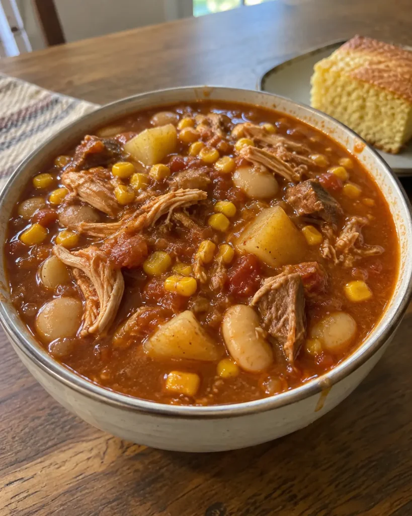 Hearty Brunswick Stew with shredded chicken, pulled pork, corn, butter beans, and potatoes in tomato barbecue broth.