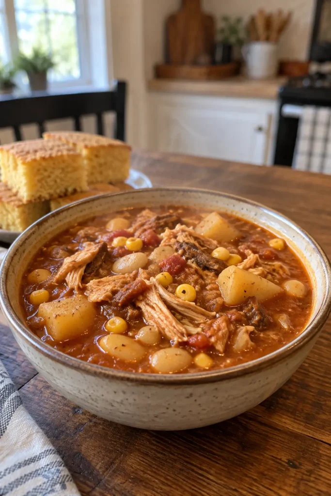 Hearty Brunswick Stew in a deep bowl with cornbread, chicken, pulled pork, corn, potatoes, and butter beans.