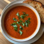 Bowl of High Protein Tomato Soup with basil on a kitchen table