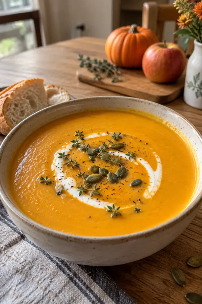 Vertical bowl of homemade Apple Butternut Squash Soup with pumpkin seeds