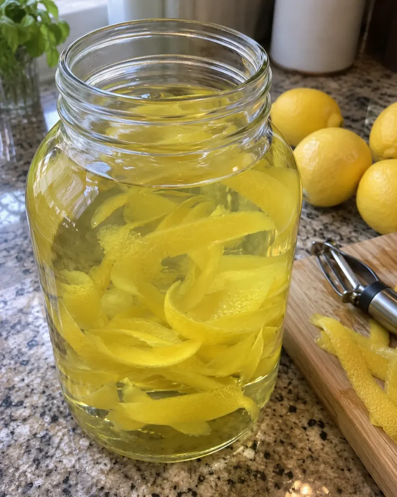 Lemon peel steeping in vodka for Homemade Limoncello