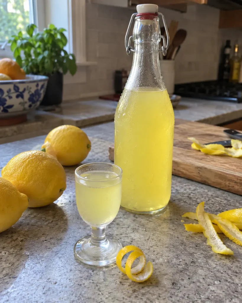 Homemade Limoncello in a chilled glass beside a bottle and fresh lemons