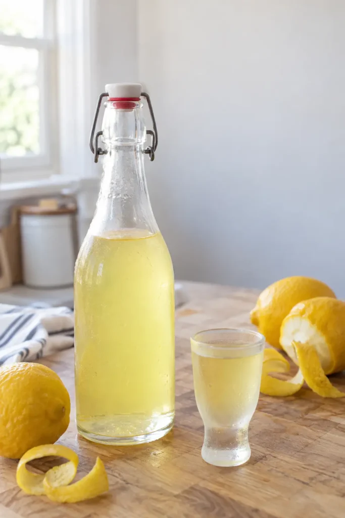 Homemade Limoncello bottle and chilled glass with fresh lemons
