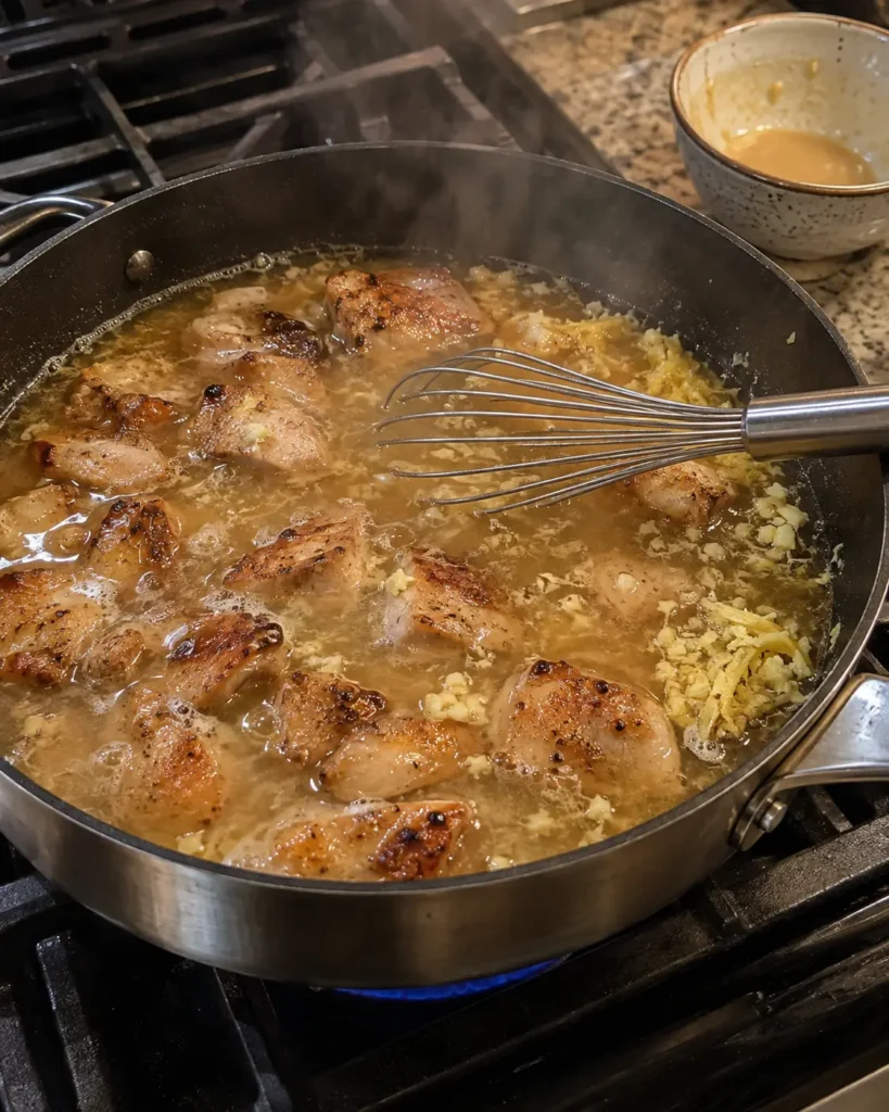 Adding miso broth to chicken for Brothy Rice with Miso Ginger Chicken