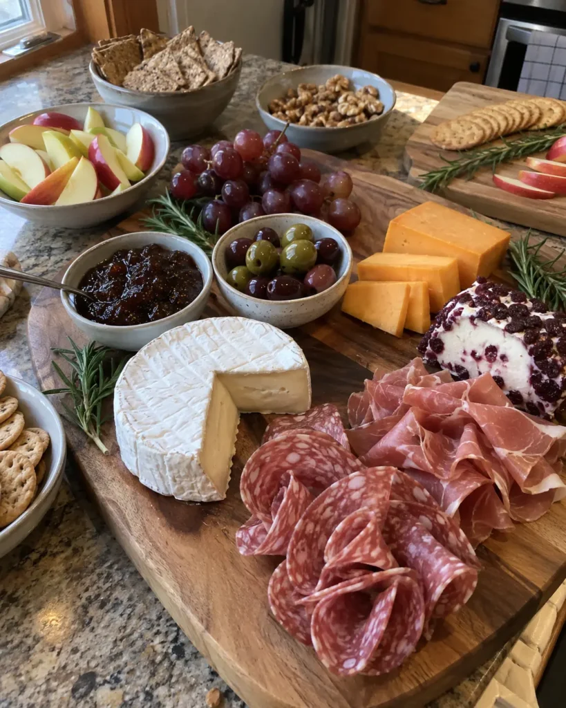 Assembling a Fall Charcuterie Board with cheese, meats, fig jam, olives, and crackers