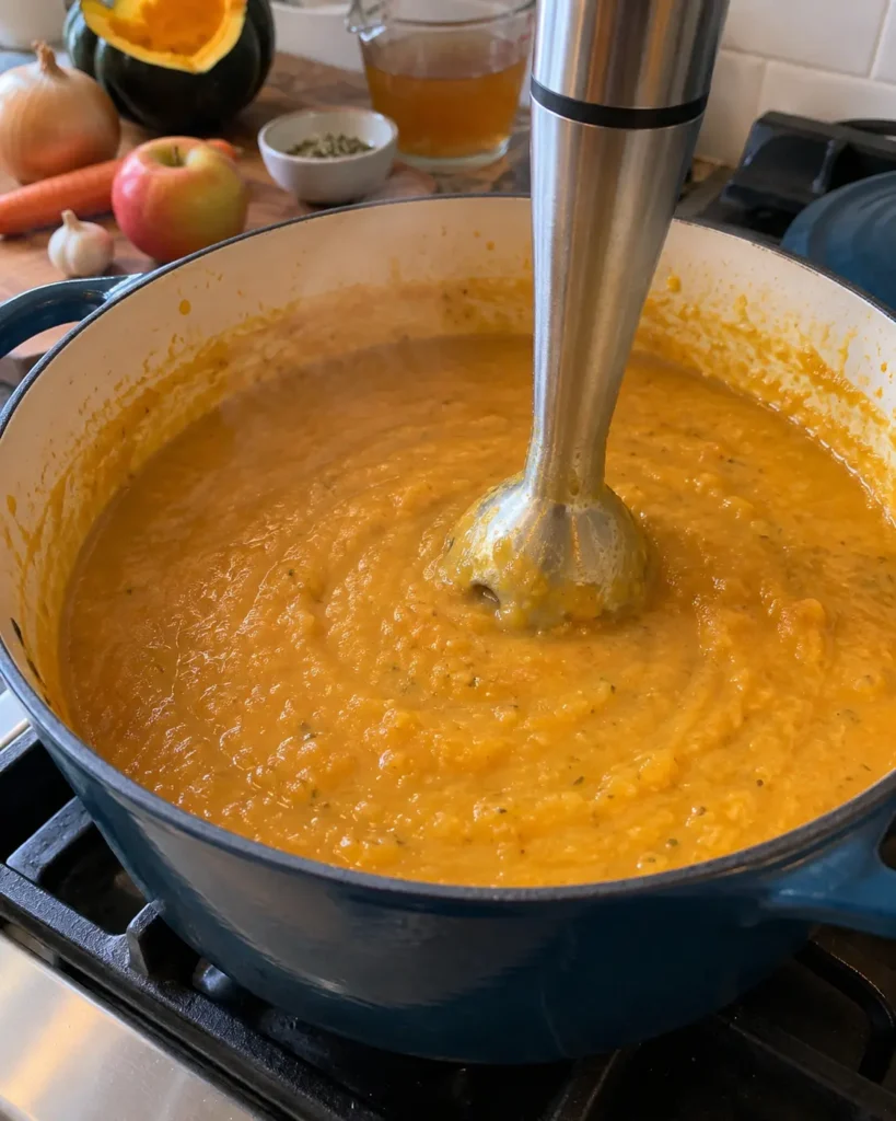 Blending roasted Acorn Squash Soup in a Dutch oven