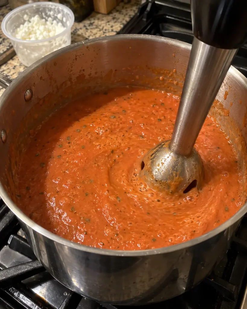 Blending High Protein Tomato Soup with cottage cheese until smooth