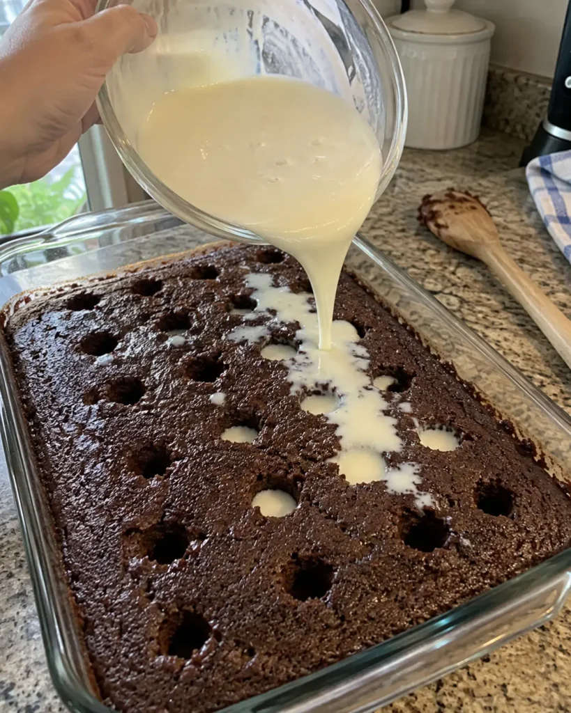 Pouring marshmallow filling into warm S’mores Poke Cake holes