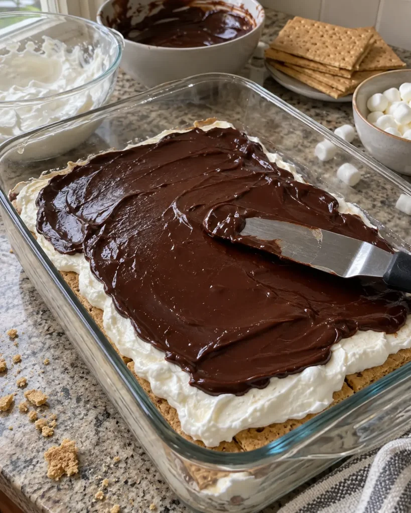 Layering chocolate ganache over marshmallow filling for S'mores Icebox Cake