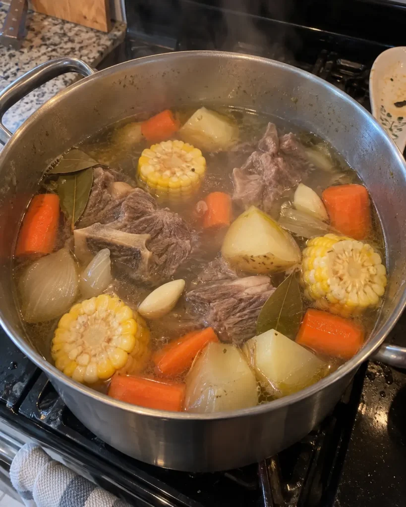 Making Caldo de Res Recipe by adding corn, carrots, and potatoes to simmering beef broth