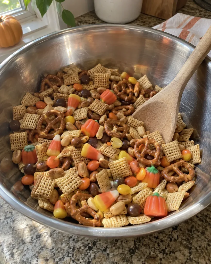 Tossing ingredients for Sweet and Salty Fall Snack Mix in a large bowl