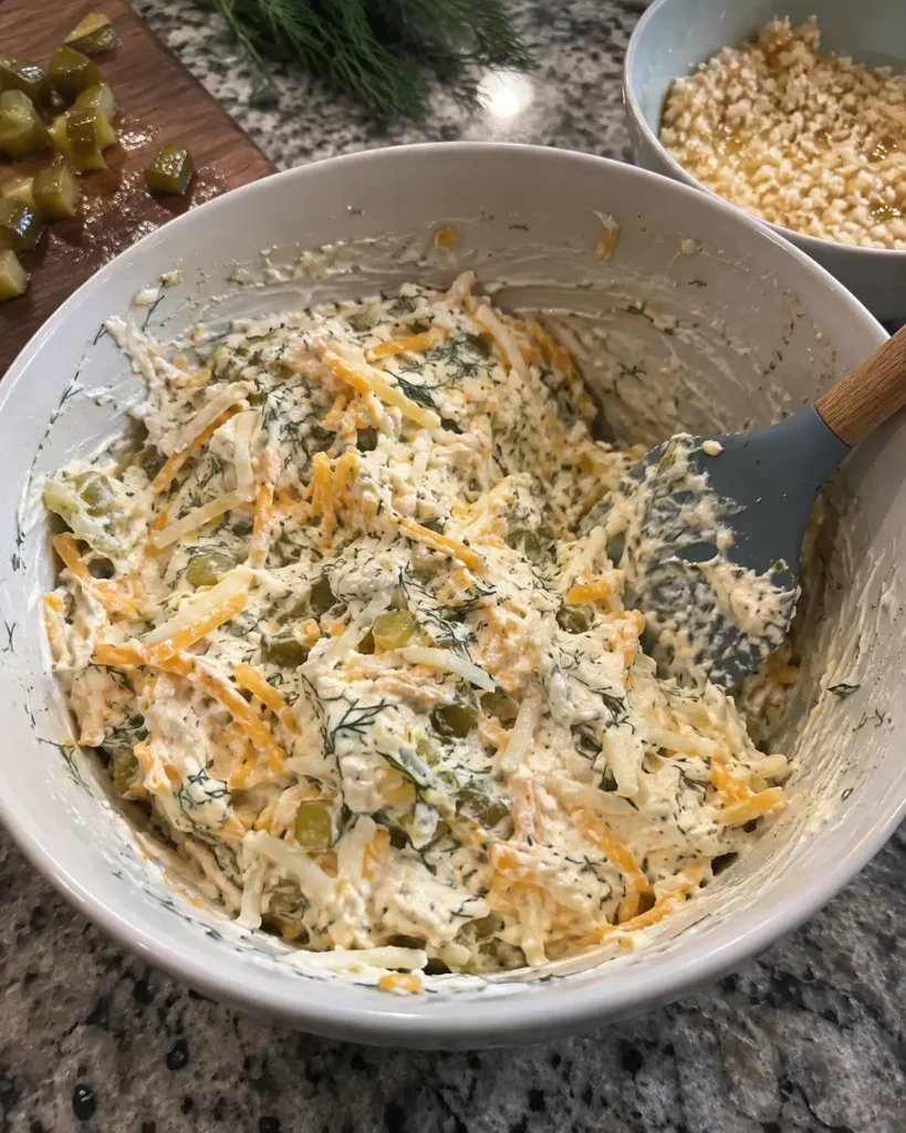 Mixing ingredients for Baked Ranch Pickle Dip before baking