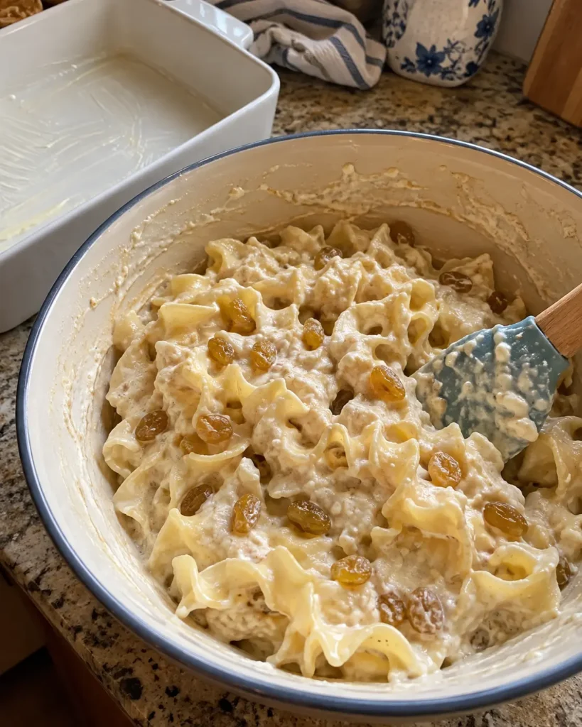 Mixing Noodle Kugel egg noodles and raisins into creamy cinnamon custard