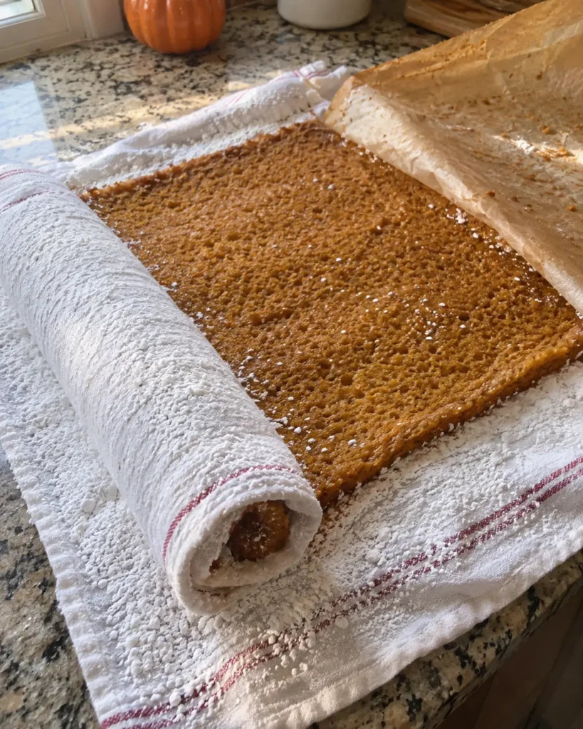Rolling a warm Fall Pumpkin Roll cake in a powdered sugar towel